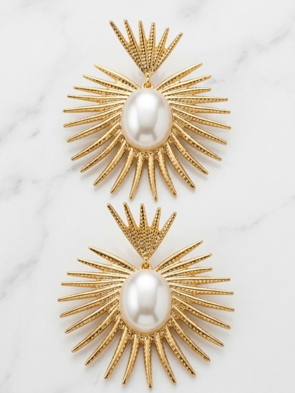 Zara Radiance Large Pearl Heart Crown Sunburst Beam Ray Regal Royal Gold Earring - Picture 8 of 14